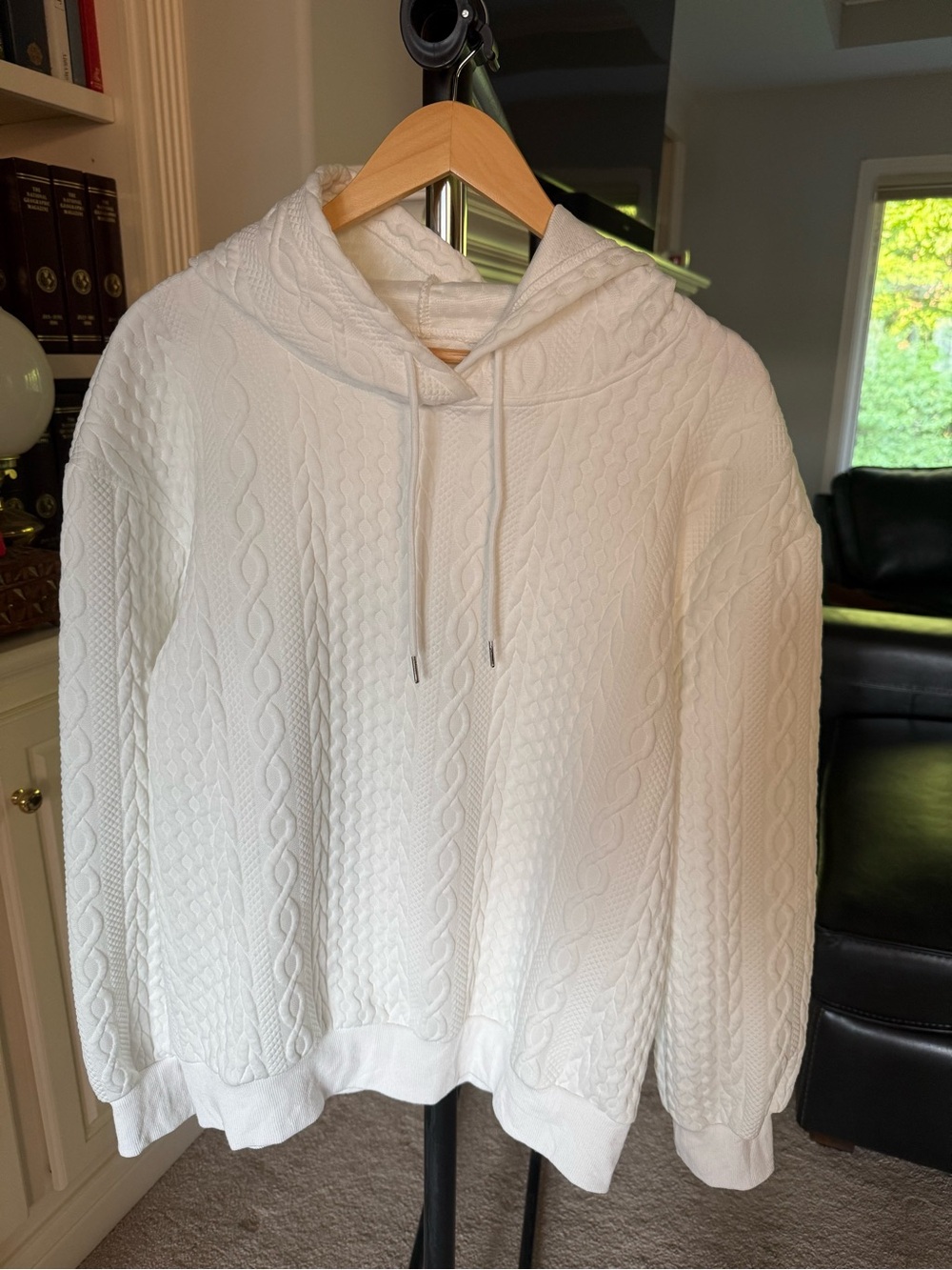 Women's oversized white cable-knit pullover hoodie sweatshirt